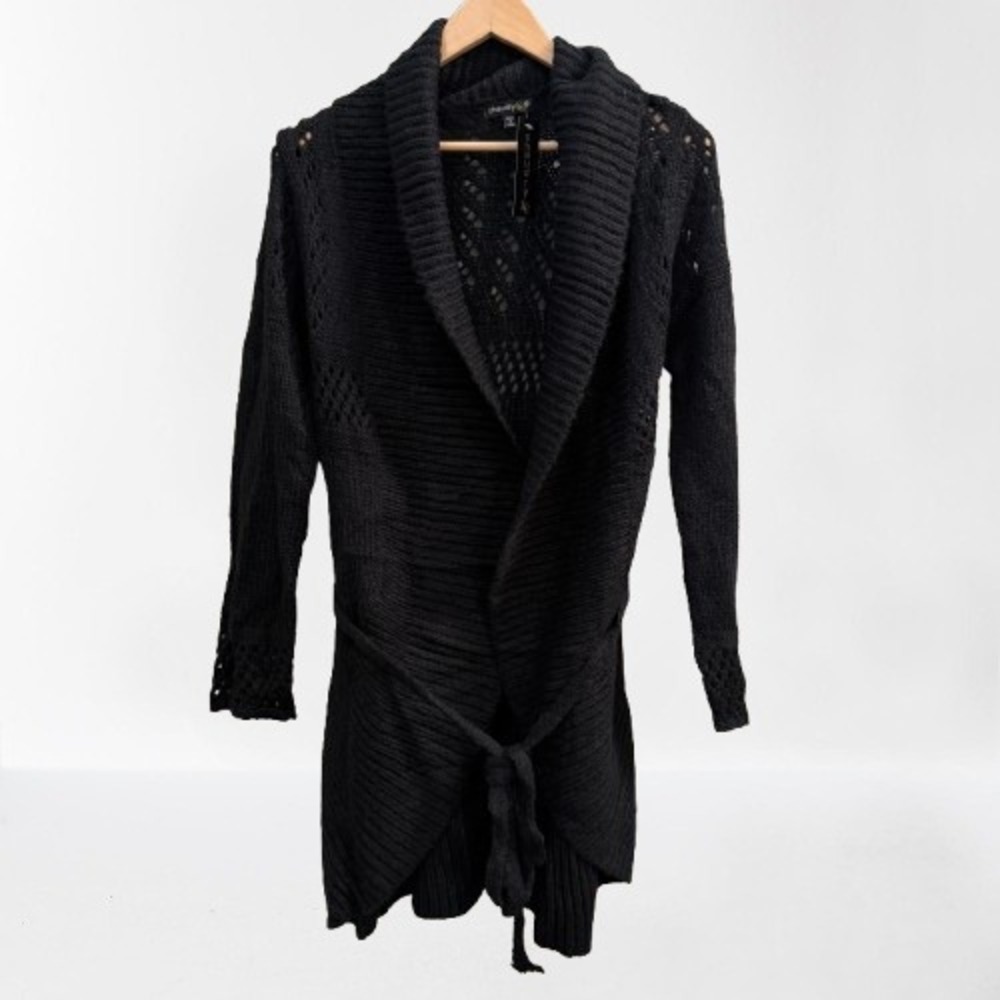 NEW Chaudry Black Pointelle Knit Belted Shawl Collar Cardigan Sweater Medium